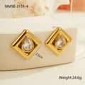 Geometric gold stud earrings with a water drop zircon stone inlaid in the centre.