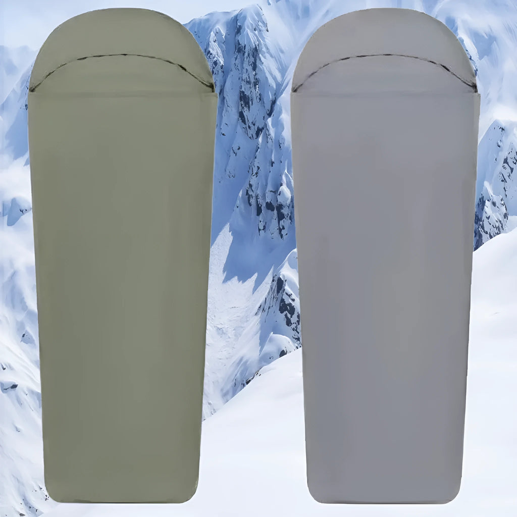 Blue lightweight nylon mummy-style camping sleeping bag for adults, shown packed