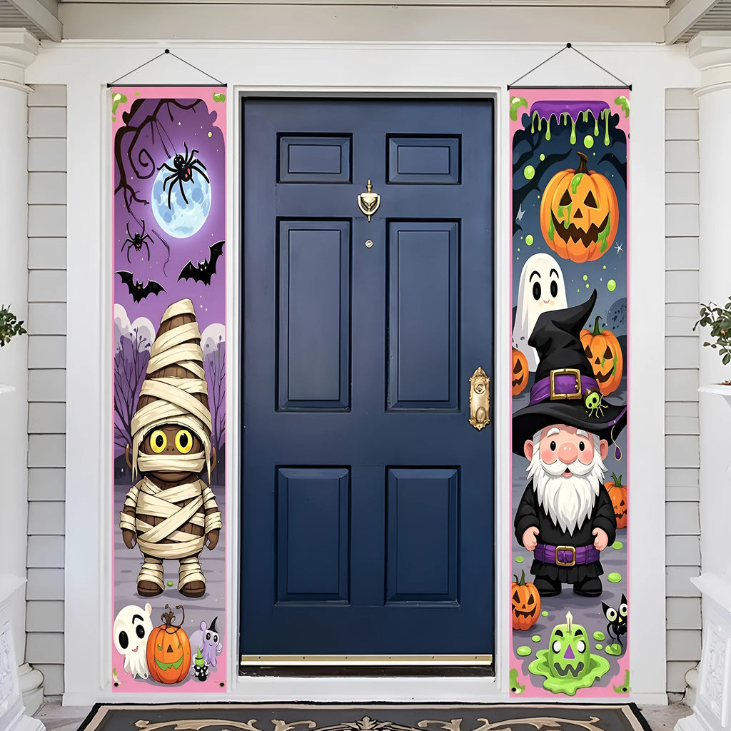 Pair of polyester Halloween couplet hanging flags measuring 30 by 180 centimetres for spooky decorations