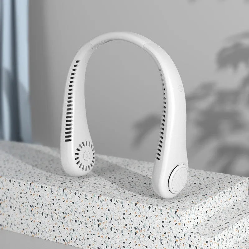 Blue USB rechargeable bladeless neck fan showing ergonomic neckband and streamlined air outlet