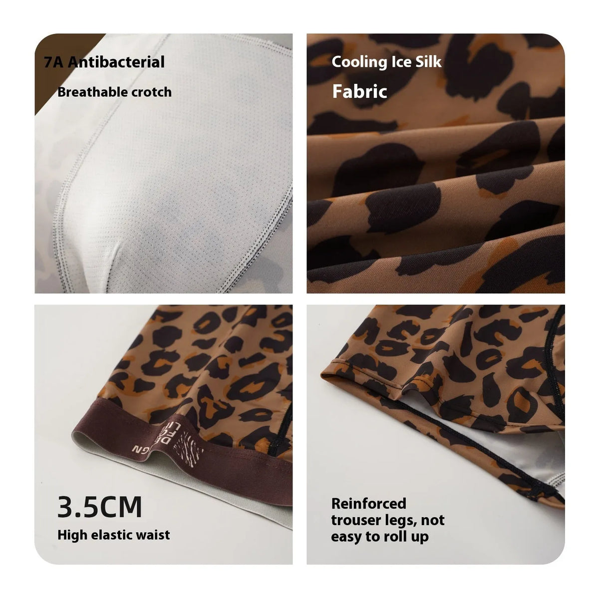 Men's ice silk leopard print mid waist briefs in polyester, available in four colours and sizes L to XXXL