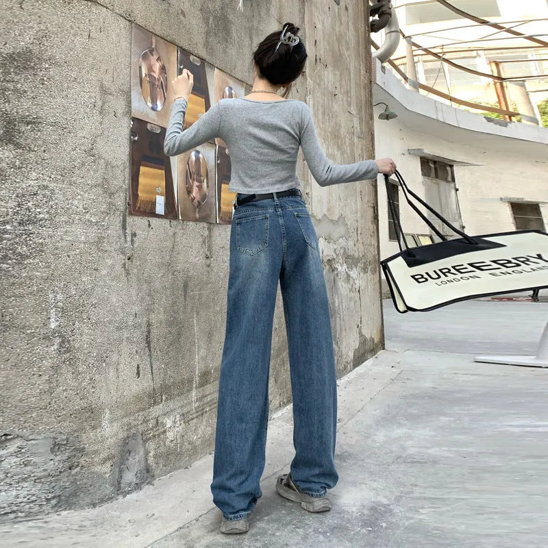 Women's retro blue high waist straight leg jeans showing three length options