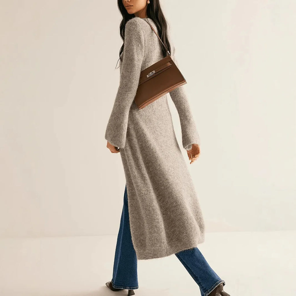 Khaki French style retro cardigan coat with long sleeves and button front closure