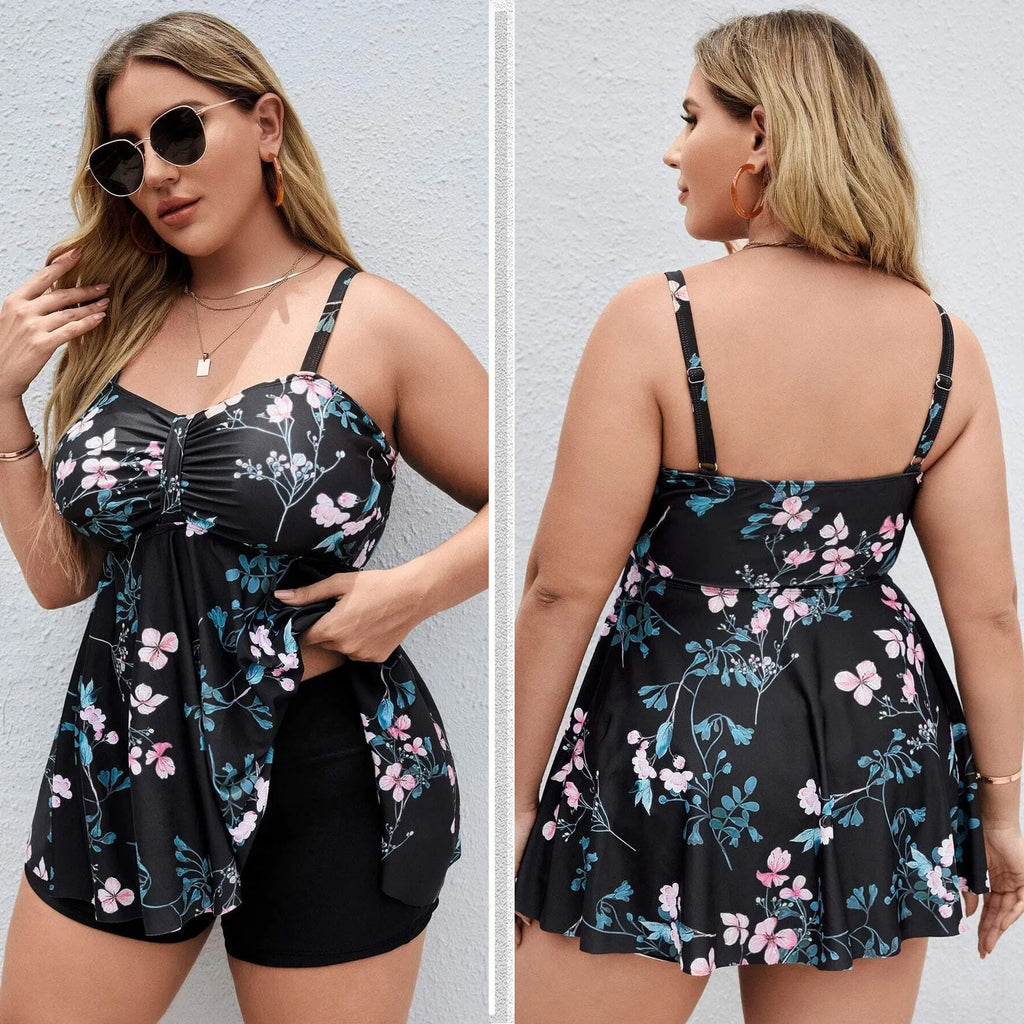 Women's floral print split colour one-piece swimsuit on hanger showing front design details