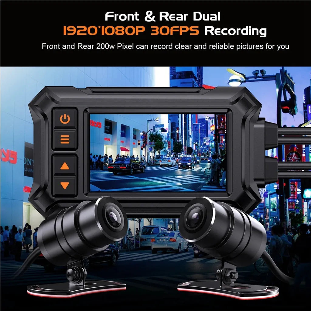 Motorcycle dual lens dash cam with GPS module and waterproof casing showing 1080P front and rear recording capability