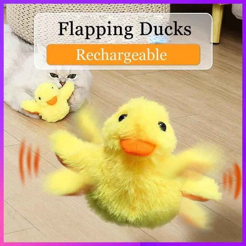 Yellow flapping duck cat toy with USB charging cable on a white background.
