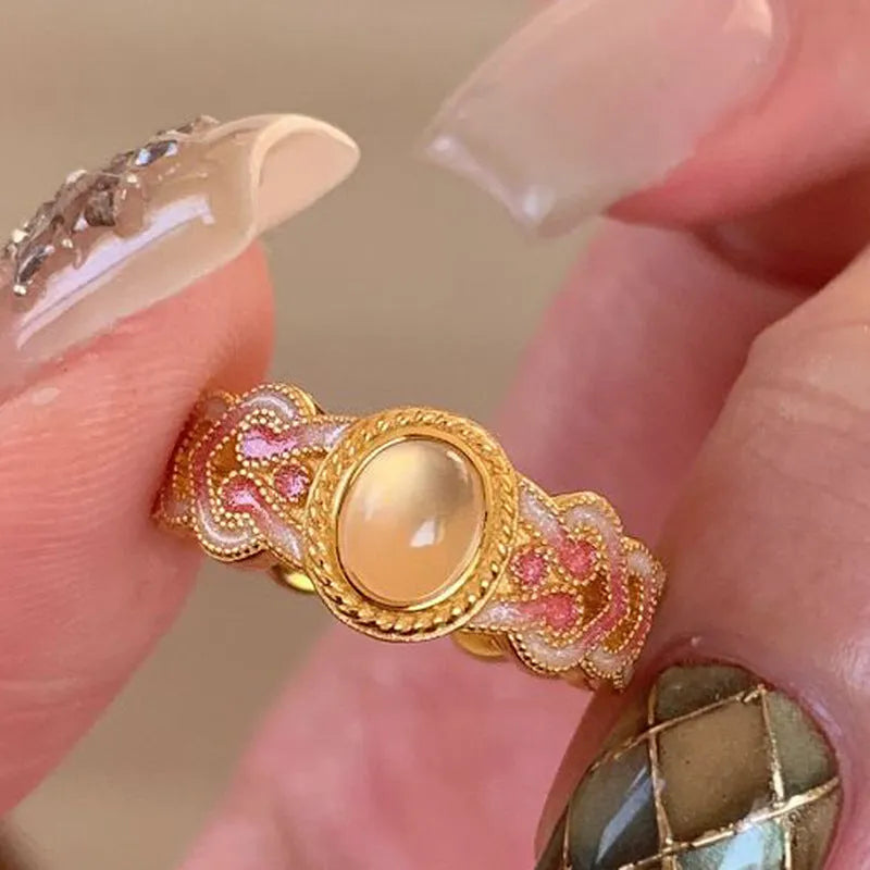 Pink crystal enamel opening ring with geometry shape on copper gold plated base