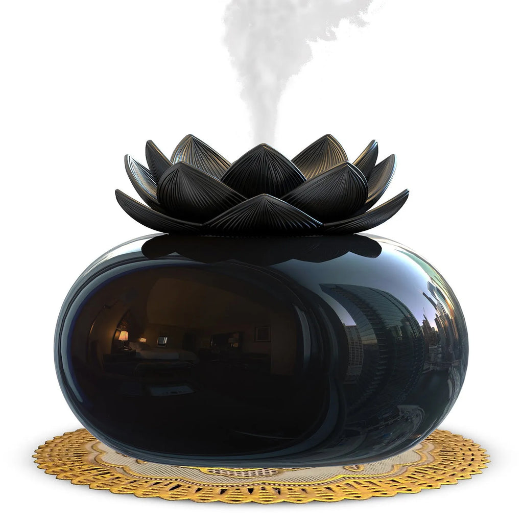 Pure black Lotus ultrasonic aromatherapy humidifier with USB connection and round design