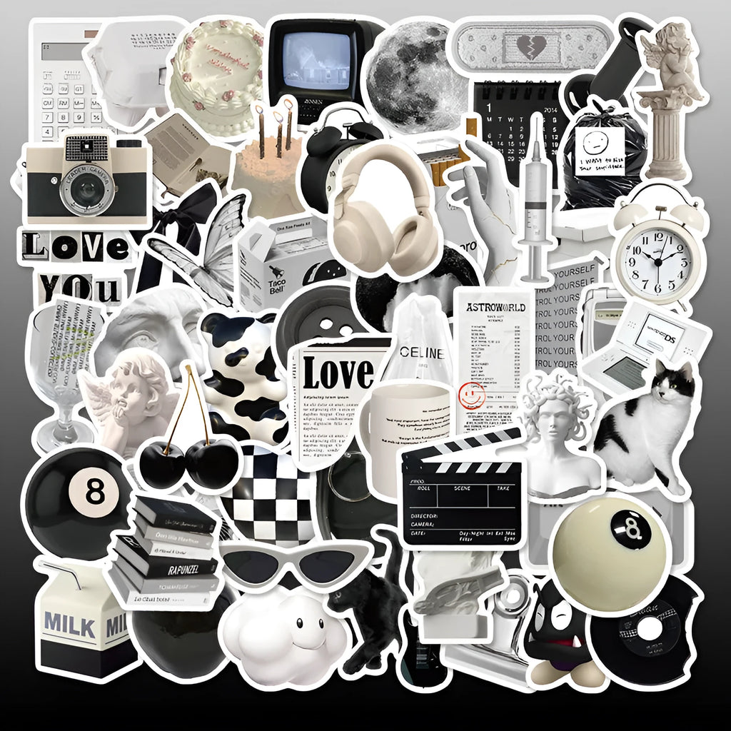 Black and white waterproof sticker sheet with 61 designs for laptop cup phone case decoration