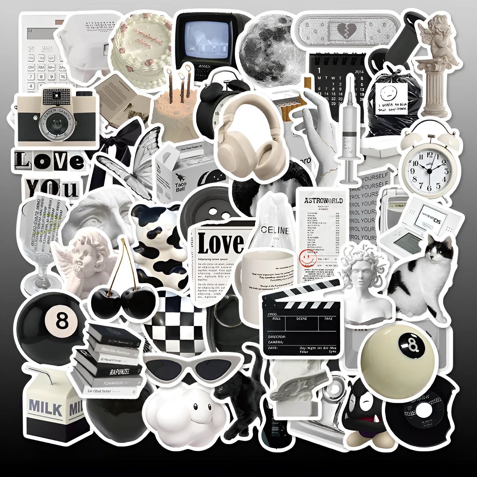 Black and white waterproof sticker sheet with 61 designs for laptop cup phone case decoration