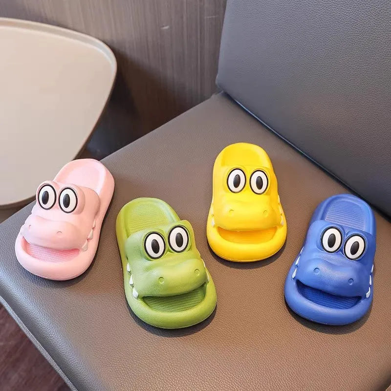 EVA platform sandals with animal pattern in blue, green, pink, or yellow for children and youth.