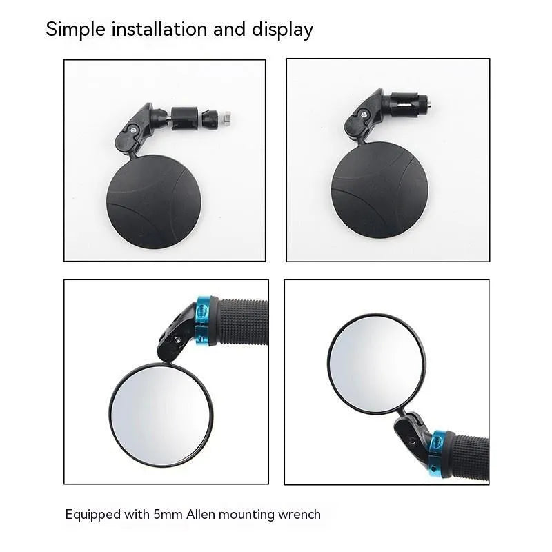 Black foldable convex rearview mirror showing 7cm diameter and 14cm length