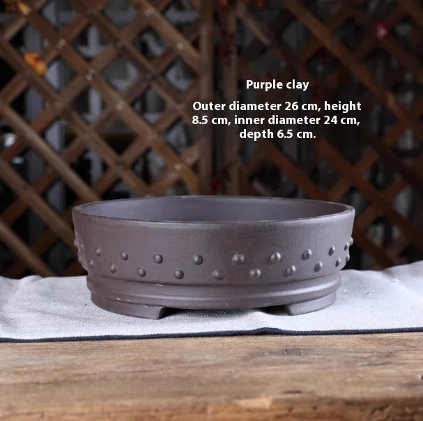 Chinese style ceramic flowerpot with drum nail shape, purple sand craft, 16.5cm inner diameter, plain cement or purple clay colour