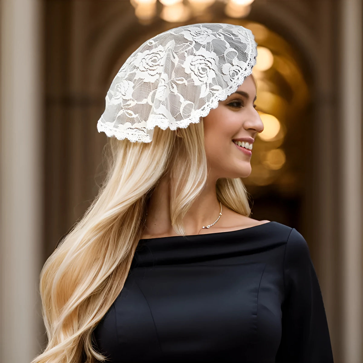 Round floral bridal head covering accessory with 30cm diameter in black or white polyester