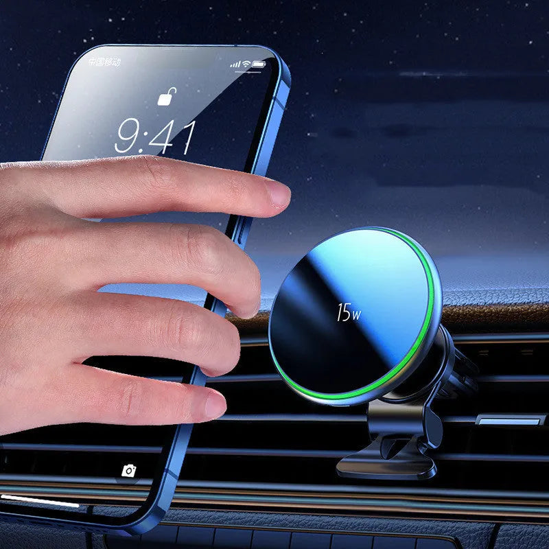 Magnetic wireless charging car bracket with suction cup mount for air outlet or dashboard, 15W output