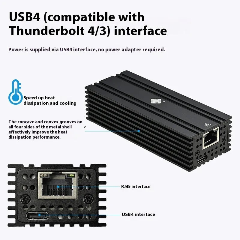 Black USB4 to 10 Gigabit Ethernet network adapter with 20cm cable