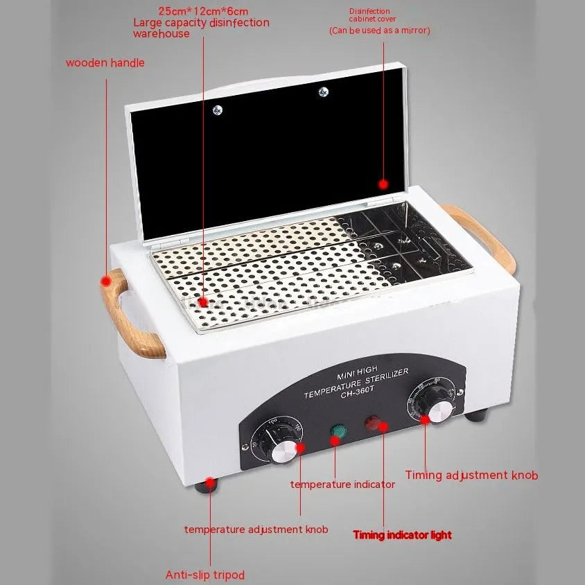 Grey household oral and dental disinfection cabinet with timing and high temperature, iron and stainless steel, 300W.