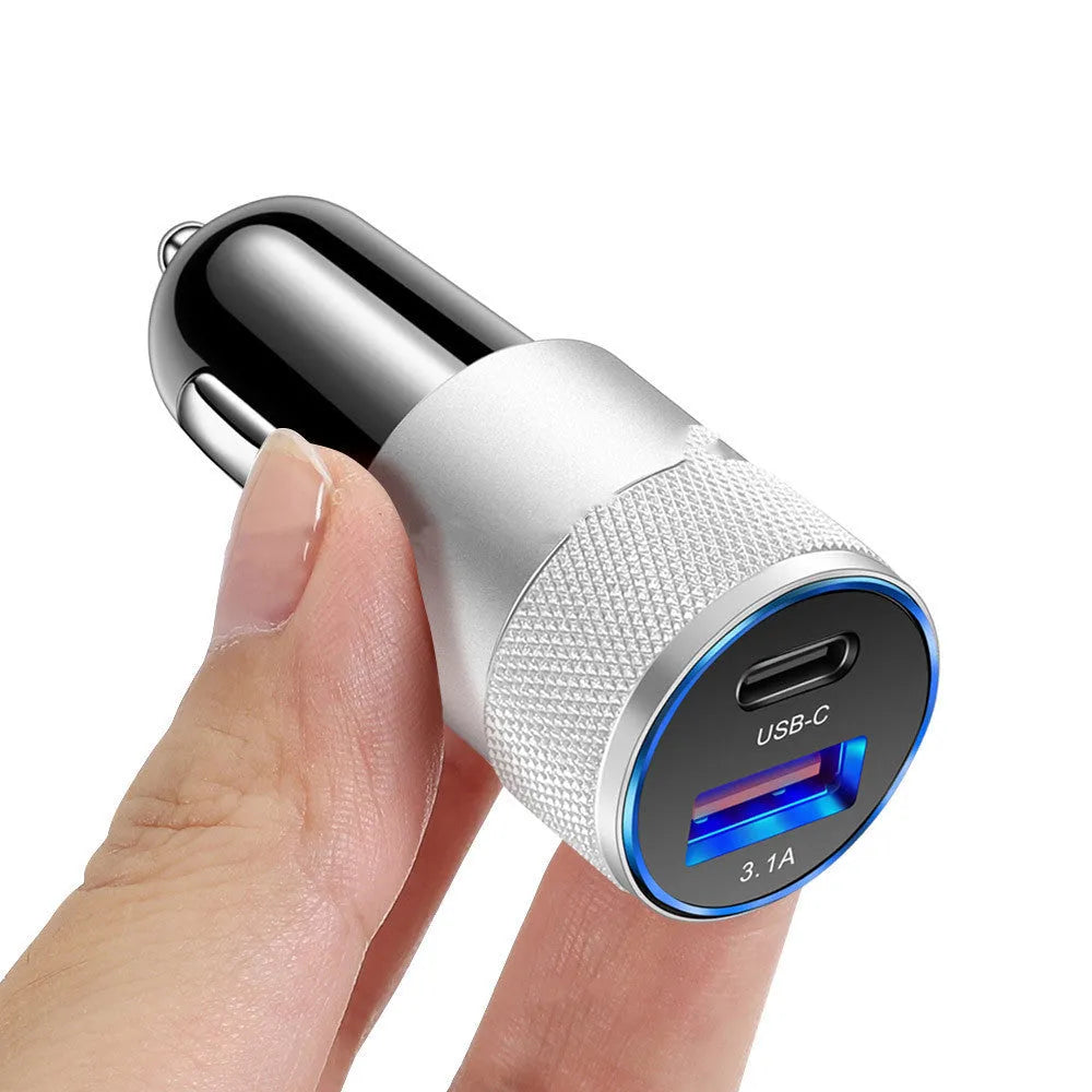 Aluminium alloy car phone charger with compact 2.5 by 6 cm dimensions