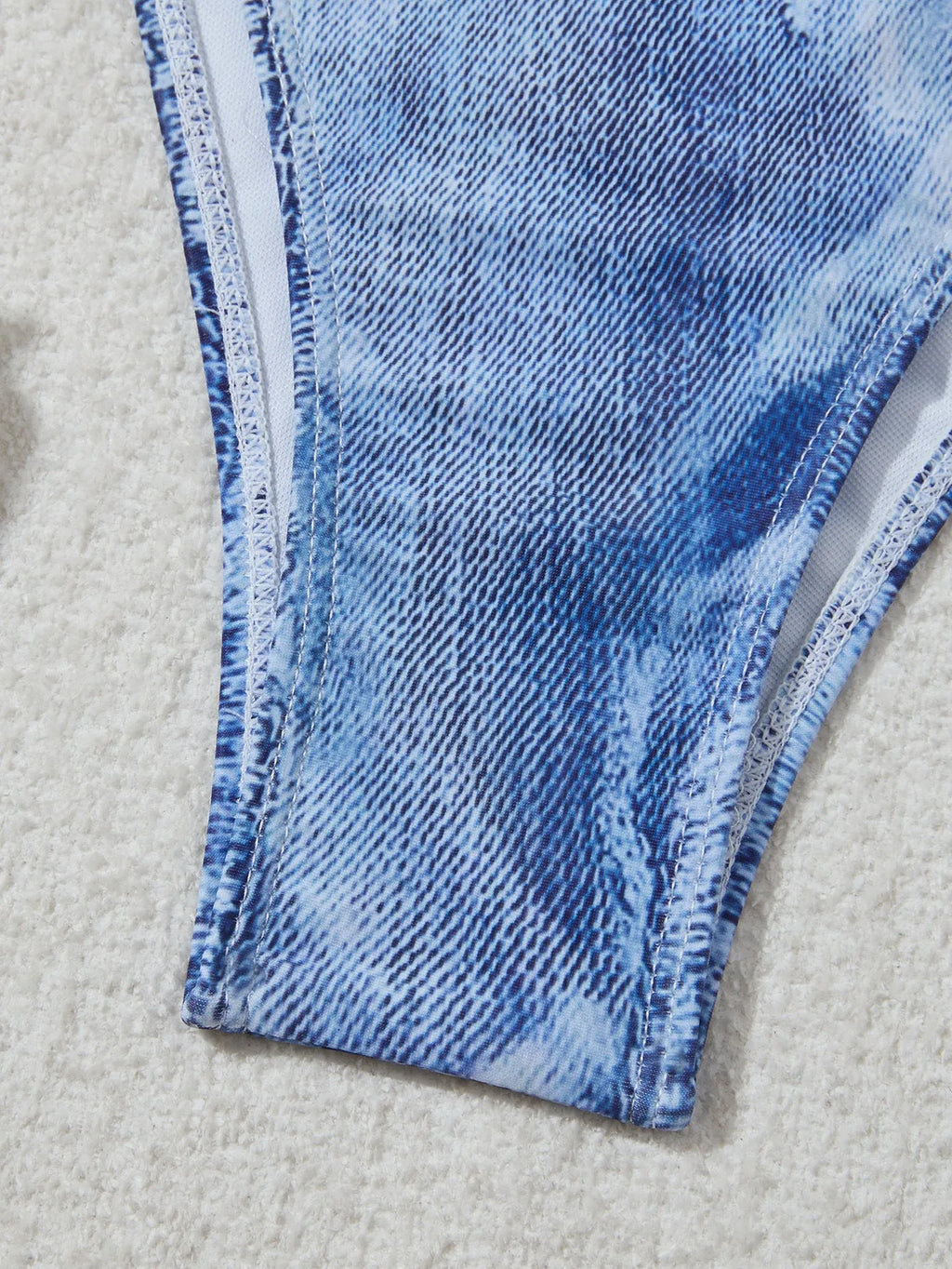Women's denim blue printed two-piece bikini set with adjustable straps in nylon spandex fabric