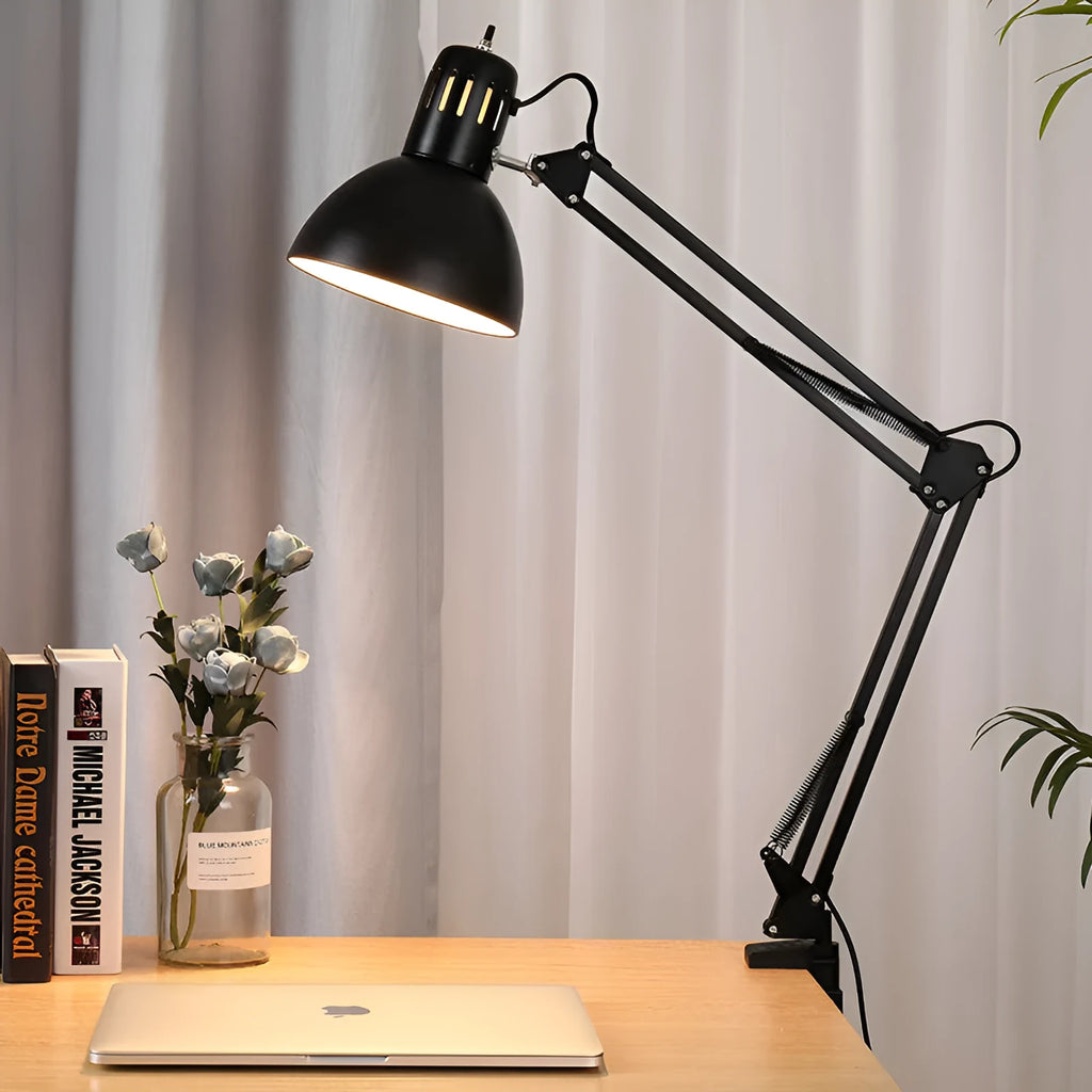 Cantilever LED desk lamp with extra-long iron metal arm, eye protection design, shown in black, white or silver