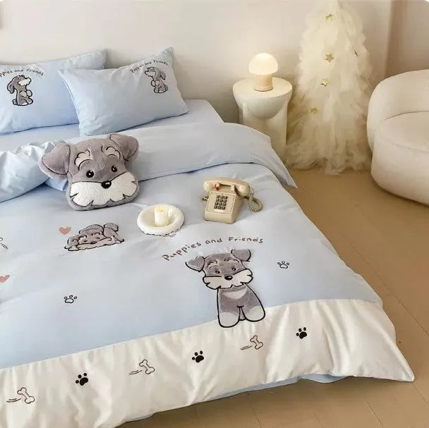 Schnauzer dog cartoon pattern bedding set with embroidery on thickened cotton fabric showing quilt cover, sheet and pillowcases