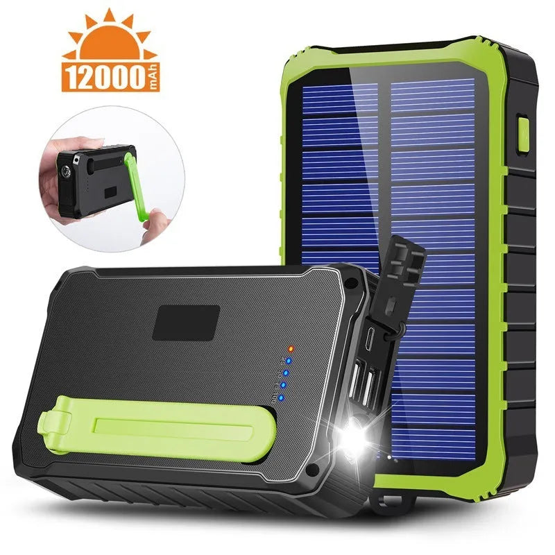 Orange and green hand solar power bank with solar panel, hand crank, dual USB ports, and LED light.