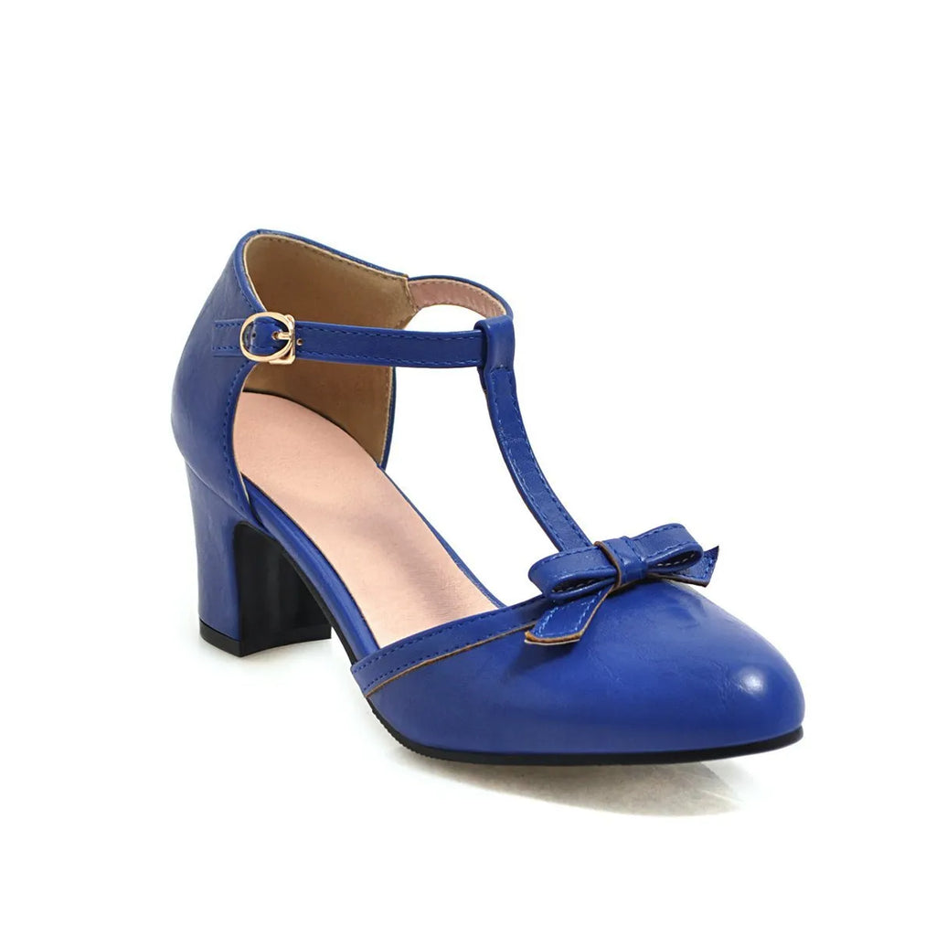 Women's chunky heel sandals with bow tie detail and adjustable buckle strap