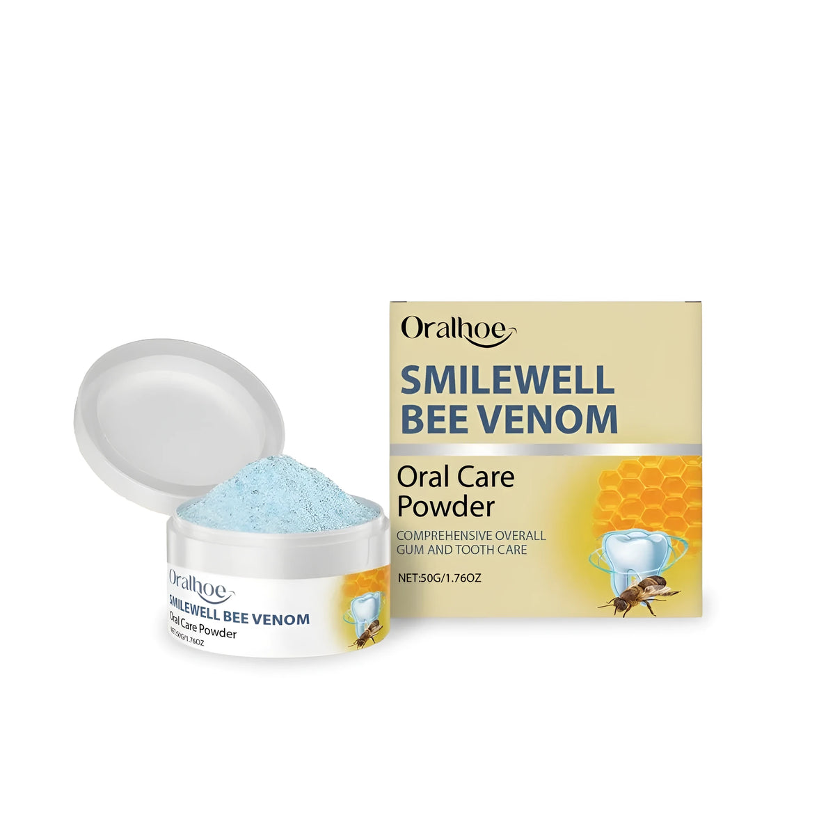 50g container of natural tooth powder with sodium bicarbonate and mint leaf extract.