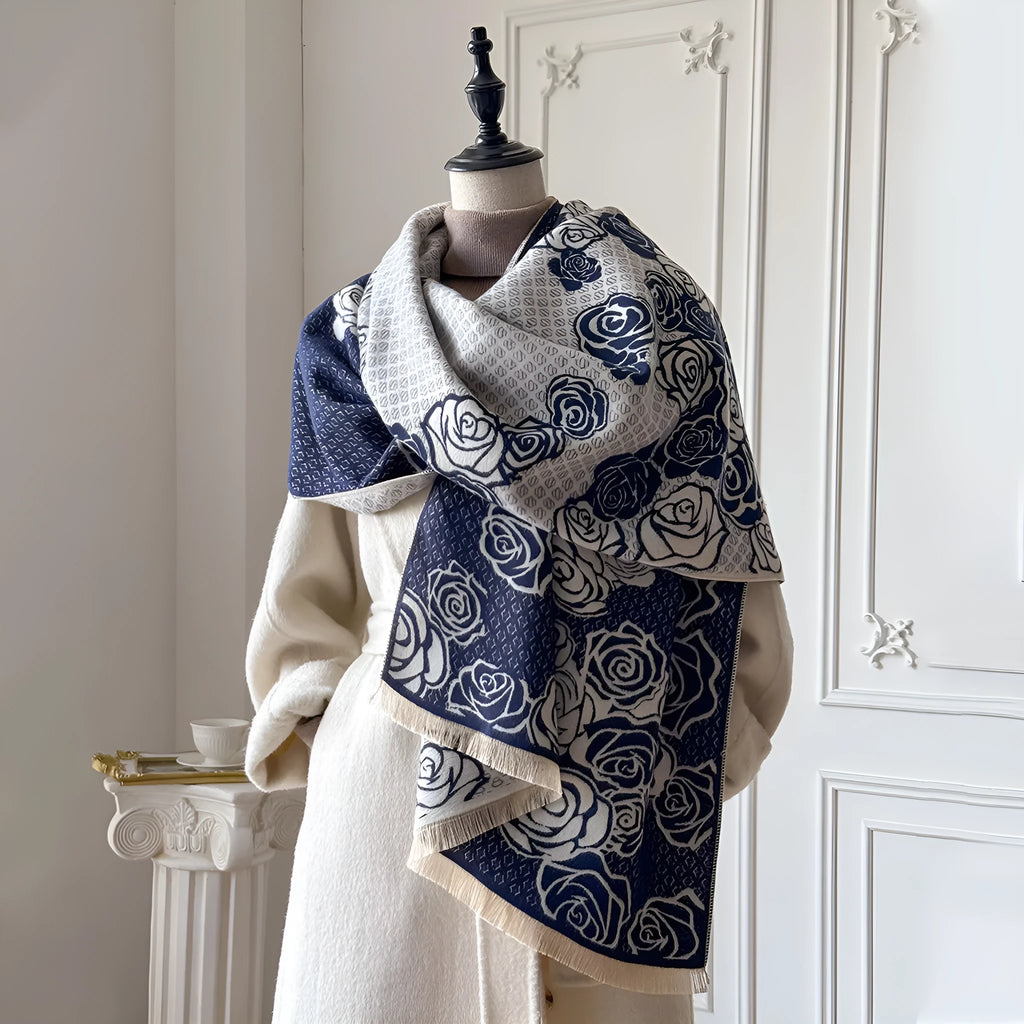 Long gray imitation cashmere scarf with tassel fringe, shown draped, for winter wear.