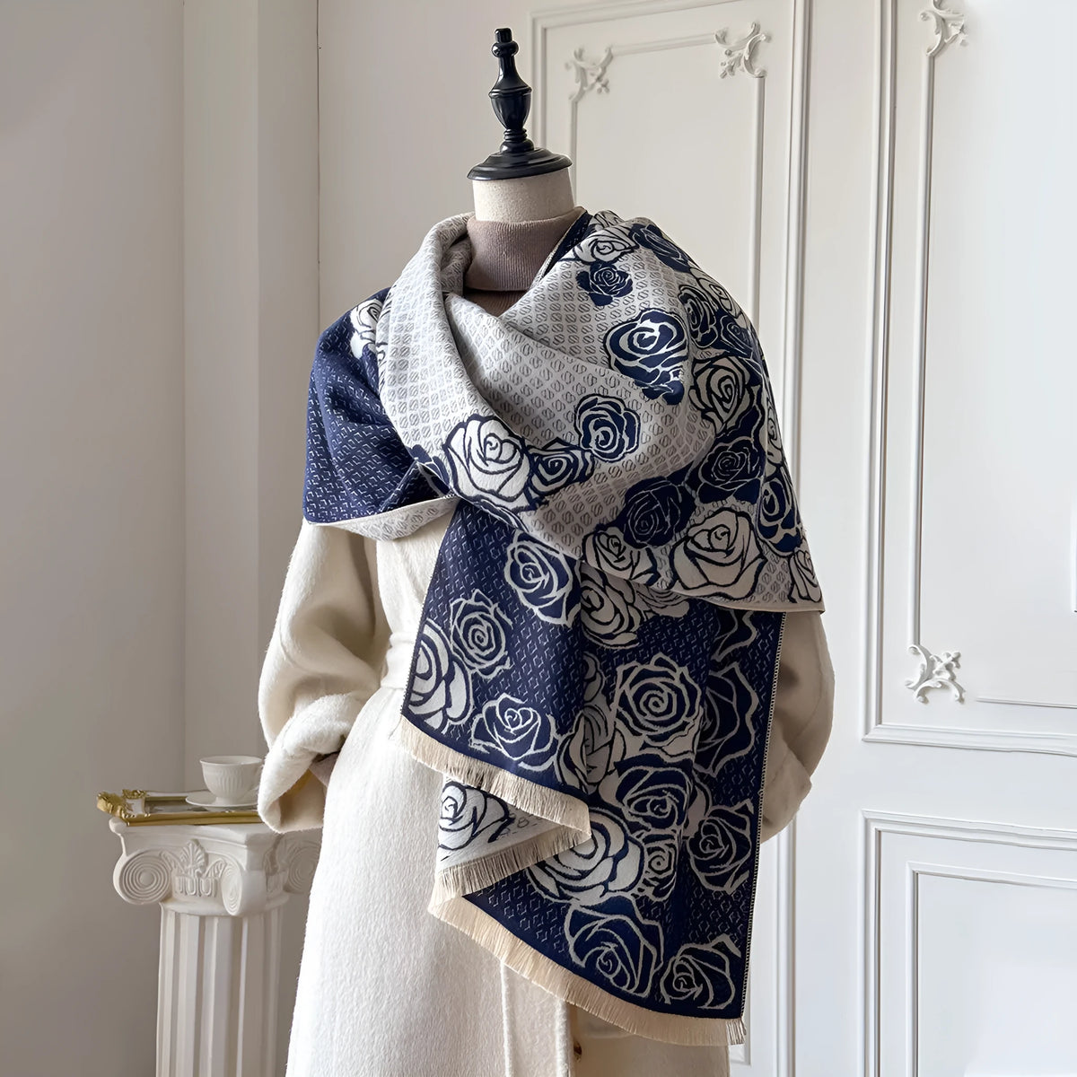 Long gray imitation cashmere scarf with tassel fringe, shown draped, for winter wear.