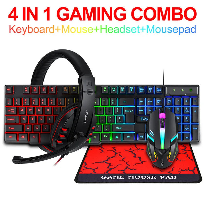 Thunder Wolf T800 four-piece gaming set with keyboard, mouse, headset and illuminated mouse pad