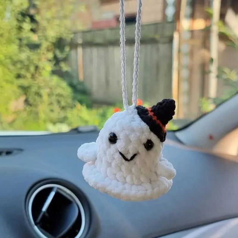 Hand-woven plush car hanging ornament in cartoon design with polyester construction and hanging cord