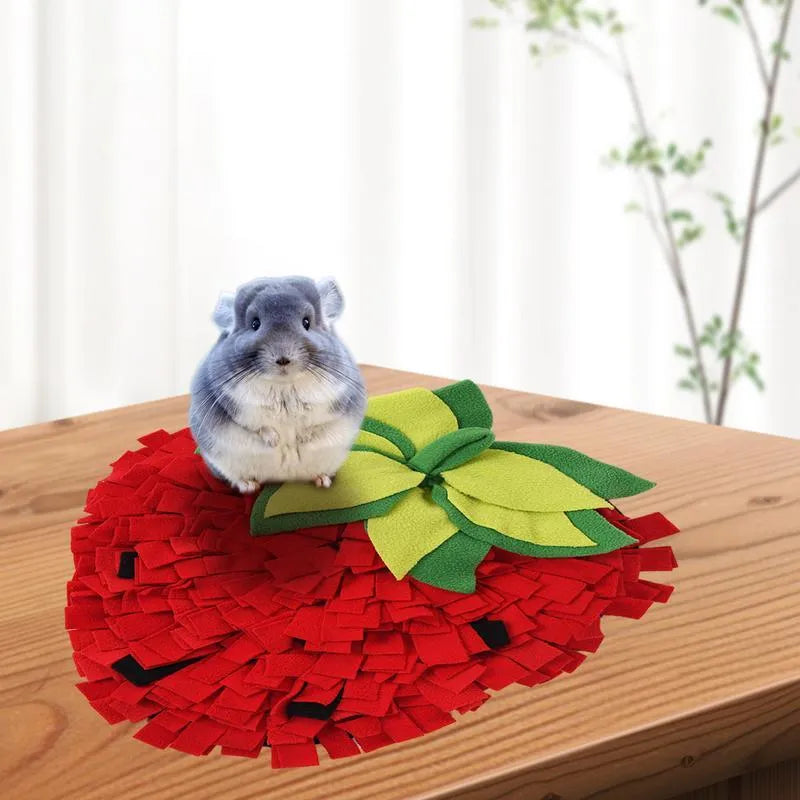 Red and green strawberry-shaped pet slow feeder mat with textured hiding spots