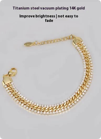 Gold-plated titanium steel tennis bracelet with artificial gemstone inlay in hip hop style