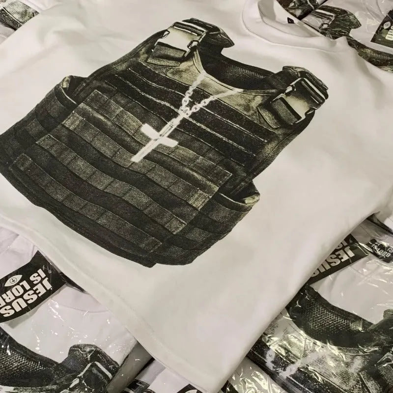 Printed cotton short sleeve t-shirt with retro street style design and drop-shoulder sleeves