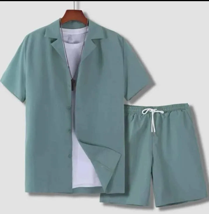 Men's short sleeve Cuban collar sport shirt and matching shorts in lightweight polyester fabric
