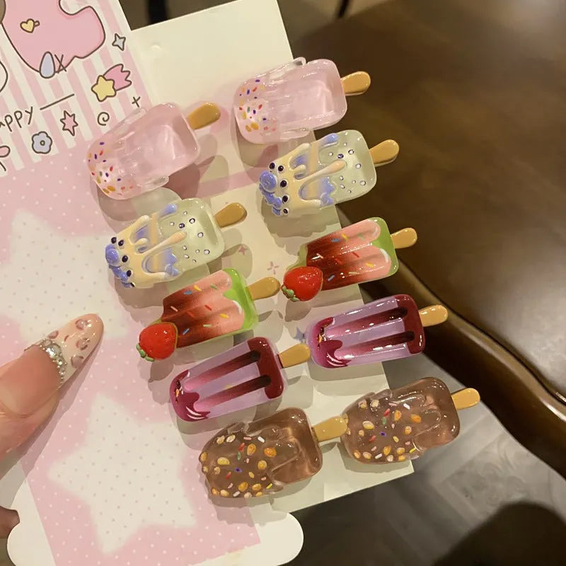Cartoon ice cream design resin hair barrette side clip in beige, brown, pink, purple, or red.