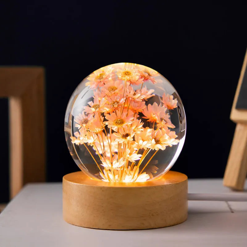 3D dandelion eternal flower in crystal ball on beech wood base USB night light