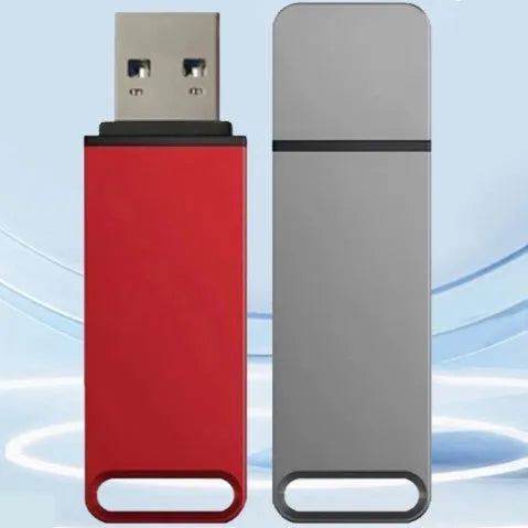 Custom metal USB flash drive in black, red, or silver with graphic customisation option
