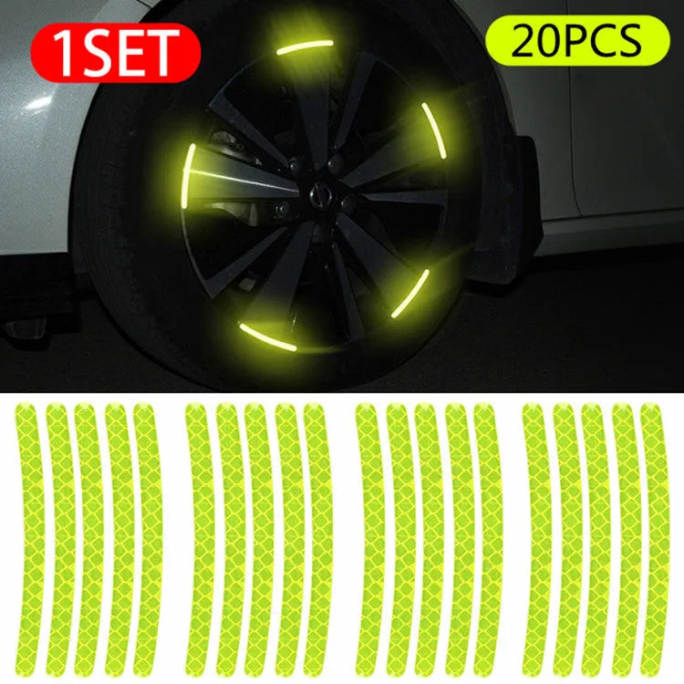20-piece car wheel hub reflective stickers in multiple colours with arc pattern for tyre warning labels