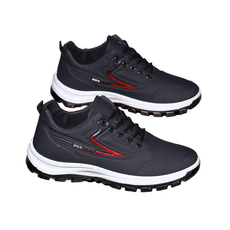 Waterproof leisure sports shoes with soft bottom, artificial PU upper, high mouth above 11cm, black red or black gray