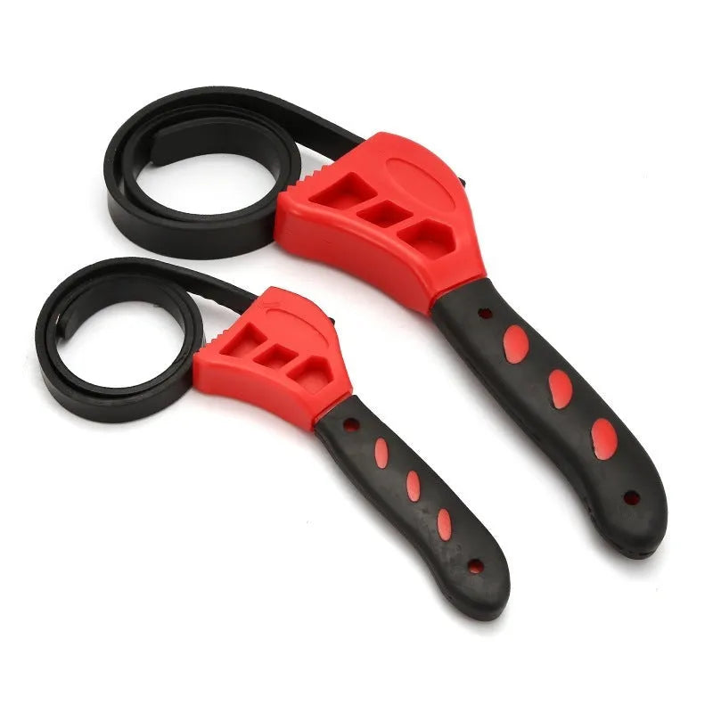 Adjustable rubber strap wrench set showing 6-inch and 8-inch filter wrenches with plastic rubber construction
