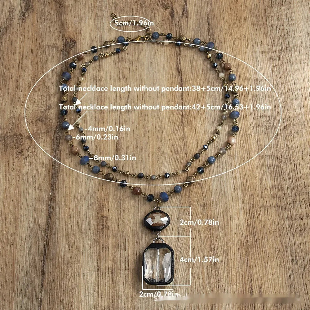 Tribal style necklace with stone and glass pendant on adjustable alloy chain in retro design