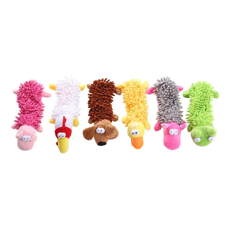 Plush molar horse dog chew toy in various animal designs including brown dog, yellow duck, and pink pig.