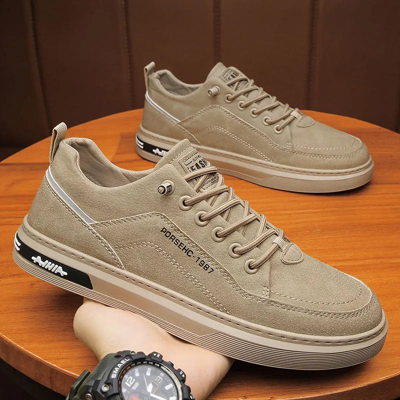 Men's khaki low-top casual shoes with a waterproof PU upper and textured rubber sole.