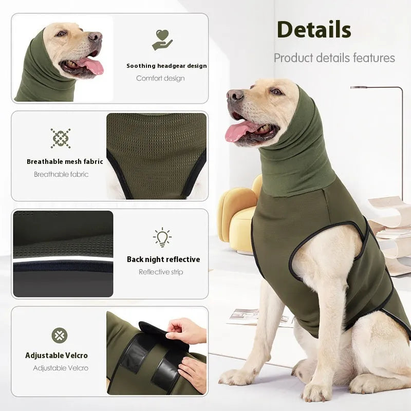 Army green dog anti-anxiety jacket providing calming compression for pet stress relief.