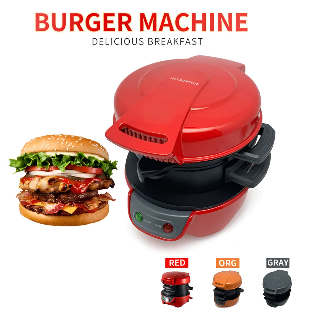 Bright red multifunction breakfast machine with sandwich press and egg cooker ring on baking tray