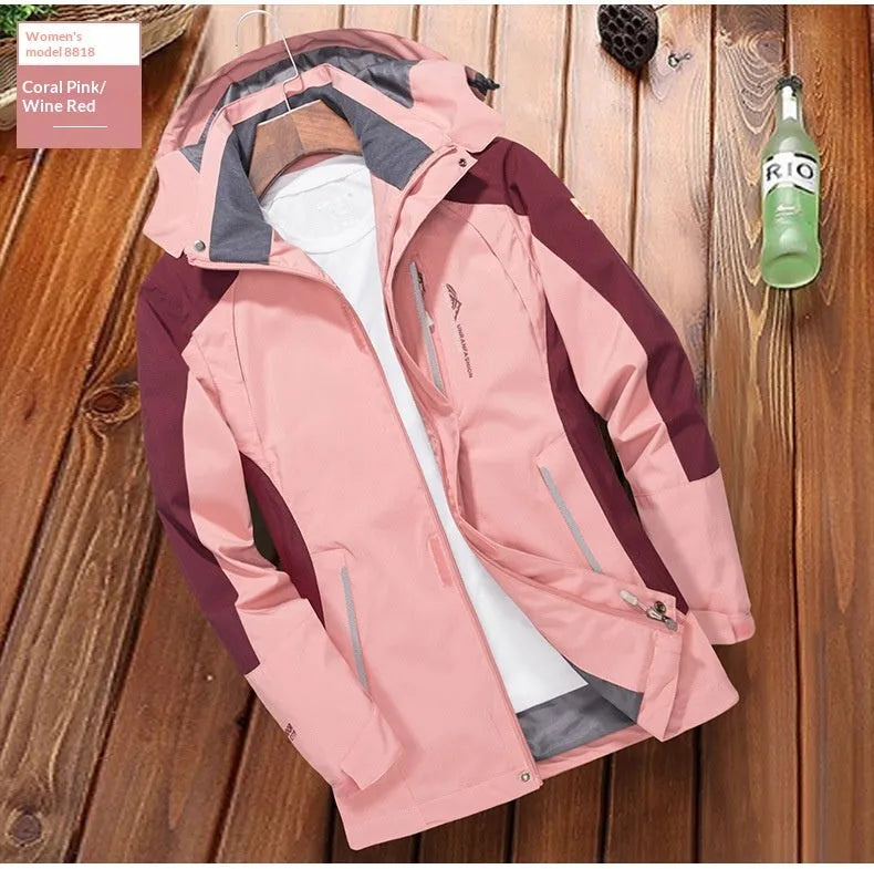 Men's windproof waterproof outdoor windbreaker jacket in grey solid colour polyester fibre for hiking and camping