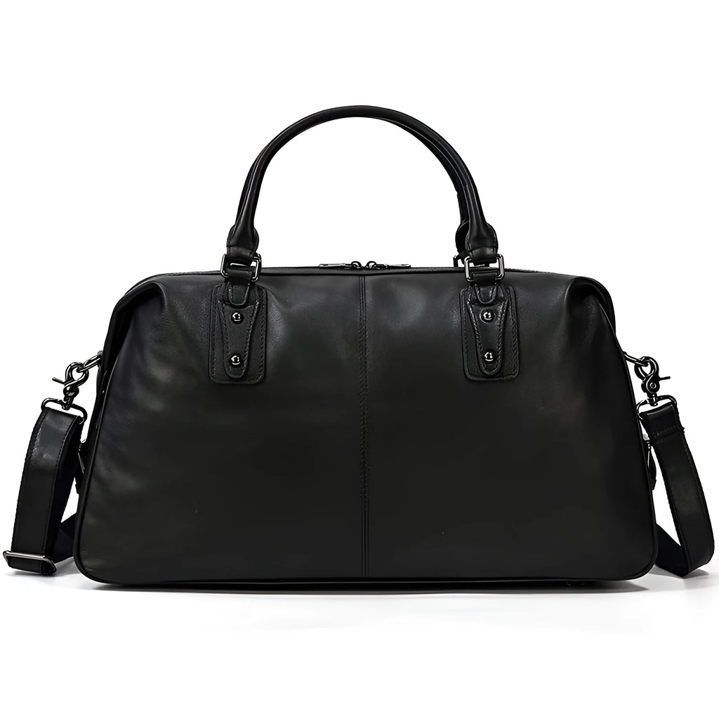 Men's retro genuine leather travel bag in black, 50cm x 18cm x 28cm large capacity holdall for business travel