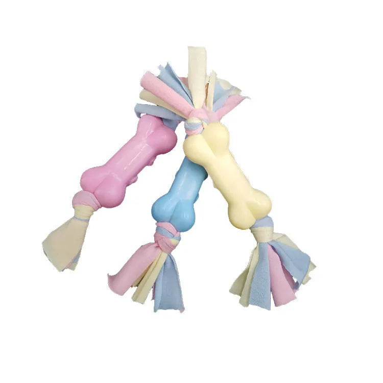 TPR dog bone chew toy with cotton cloth strips, 21 x 8.5 x 3.5cm, pink blue yellow pet molar toy